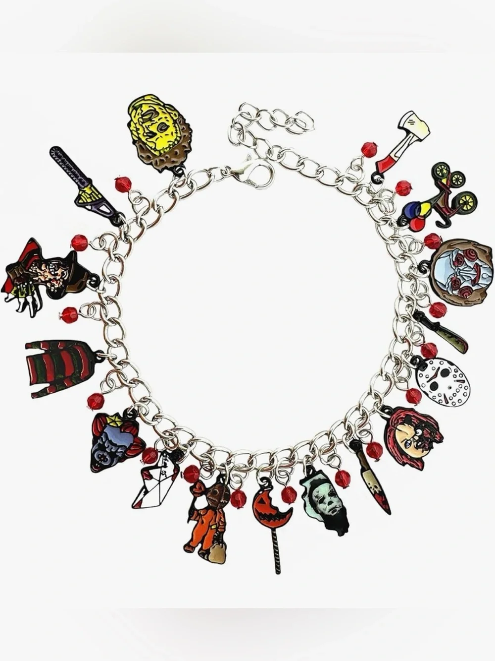 Silvertone Metal Novelty Charm Bracelet Classic Horror Movies Themed 8-8.5 In